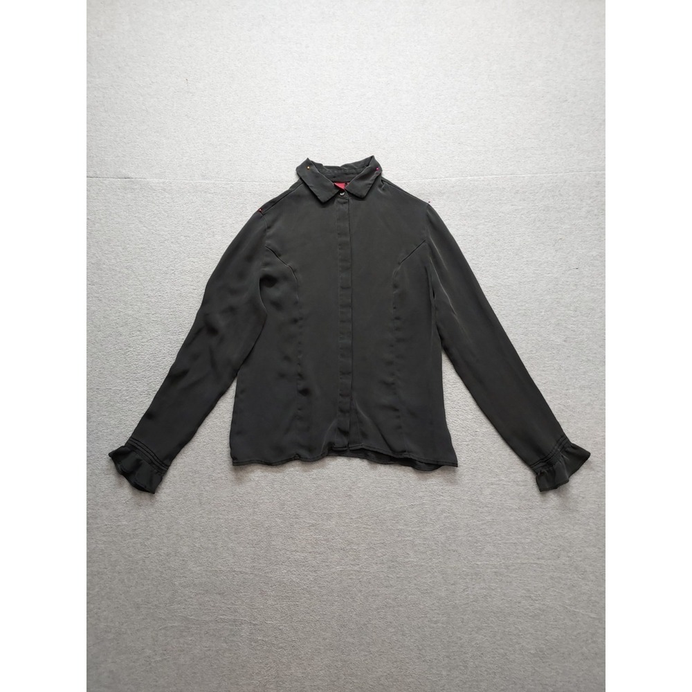 Merona Women Shirt Top S Black Collared Button Up Long Sleeve 100% Silk Casual